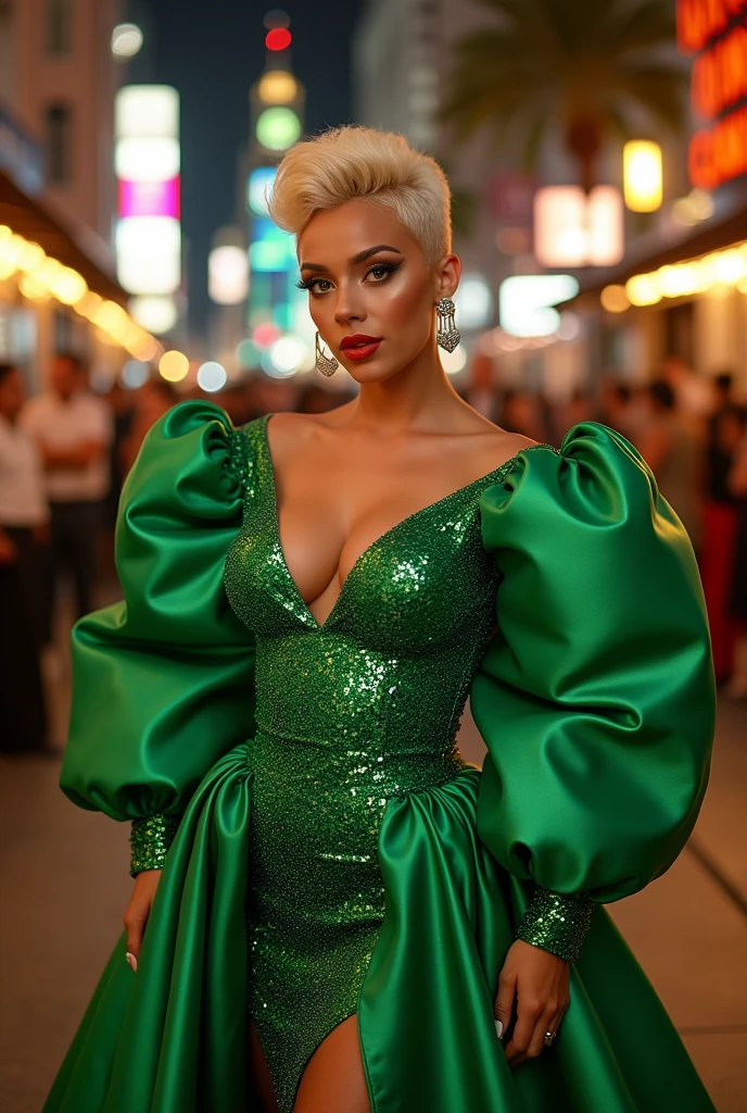 Create a realistic photo of a striking drag queen wearing a dazzling green dress with large, high-fashion designer sleeves. The outfit should be unique, with a body-hugging silhouette. Her hair should be short and blonde, making her appear youthful. The costume should be vibrant and full of life. The background should be detailed and her makeup should be flawless and as realistic as possible. 