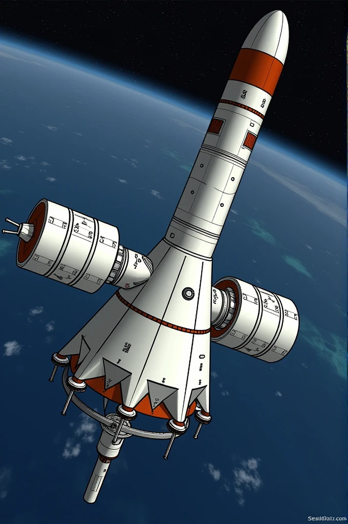 An illustration of the Soyuz 10 spacecraft undocking from Salyut 1 at a different angle