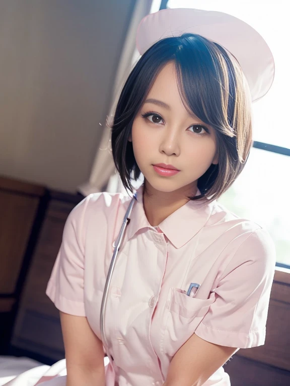 woman, alone, (Wearing white nurse clothes:1.2), (Bobcut), Shortcuts,bangs, Black Hair, nurse, Perfect Anatomy, nurse uniform, (Nurse cap), (White costume), Long skirt, hospital, Single eyelid, Face close-up, 