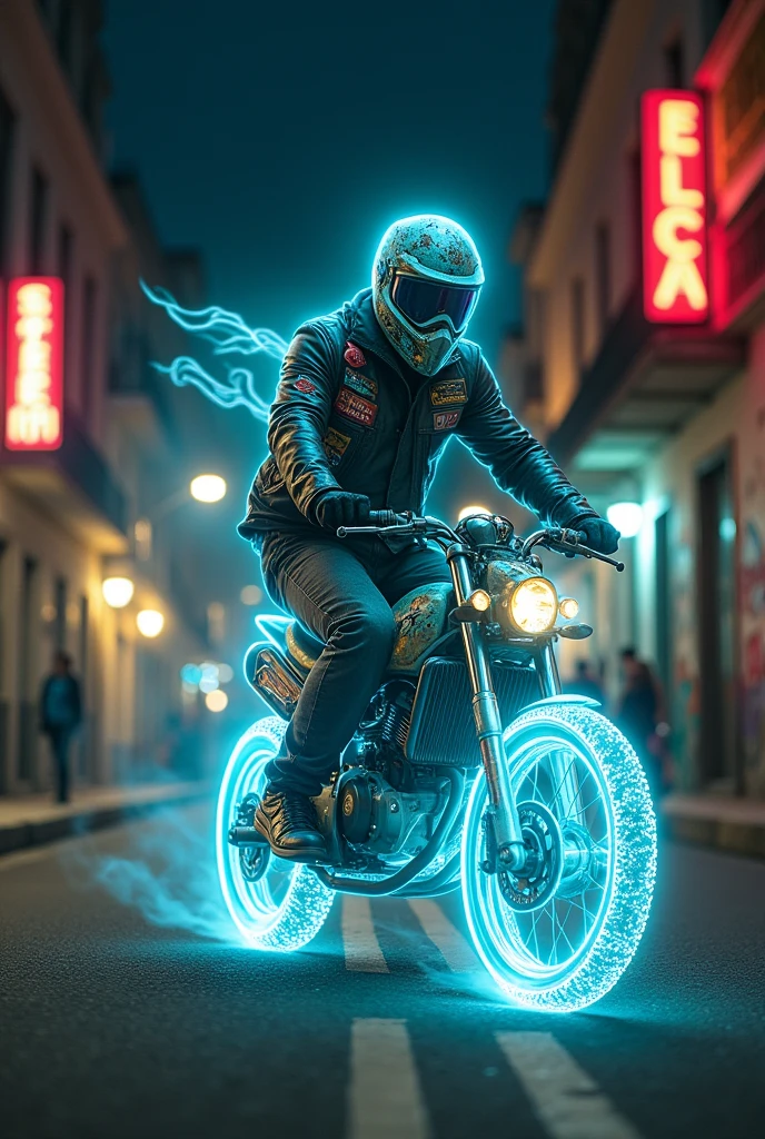 Create a realistic image of a ghost motorcycle stuntman haunting the streets of Venezuela