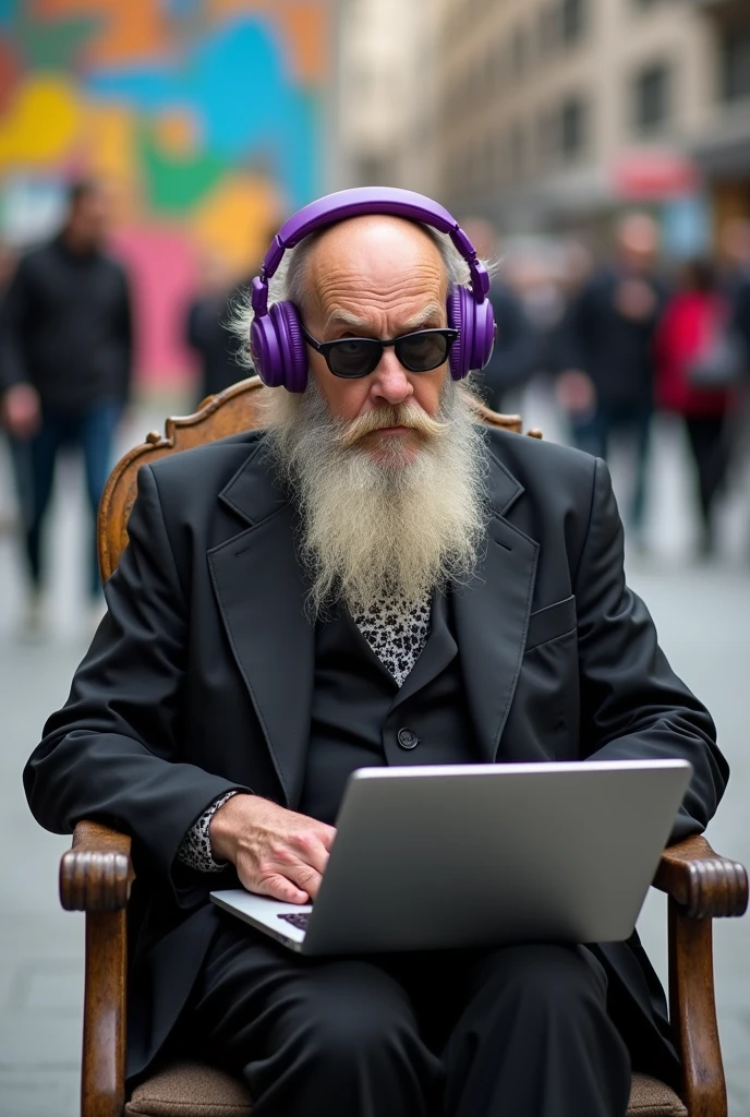 Create an old beggar with a gray beard and blonde hair wearing purple headphones and sunglasses, dressed in a black suit, looking at a computer while sitting on an old chair.