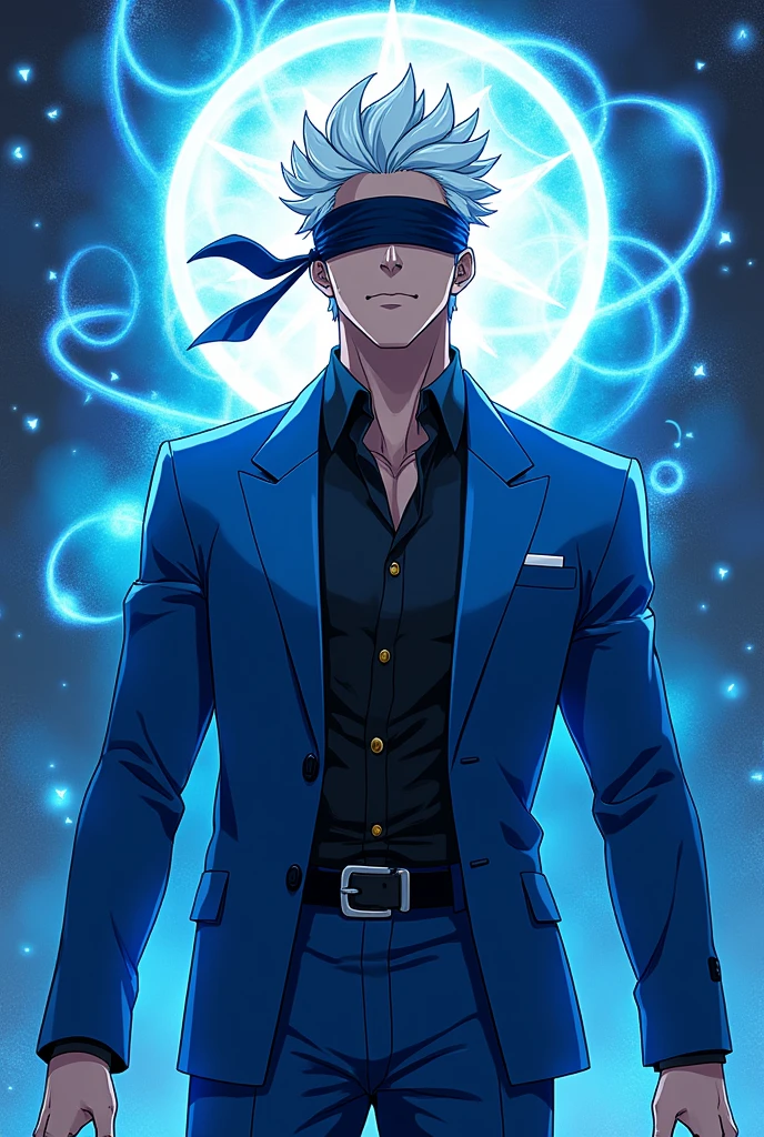 Satoru Gojo,Youngh,30years,brawny,lifted white hair,eyes with a large black blindfold,open blue suit with a black shirt underneath, illuminated language,anime image.