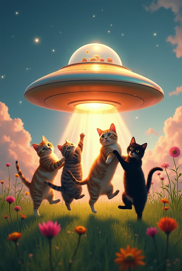 Several cats exiting a flying saucer
