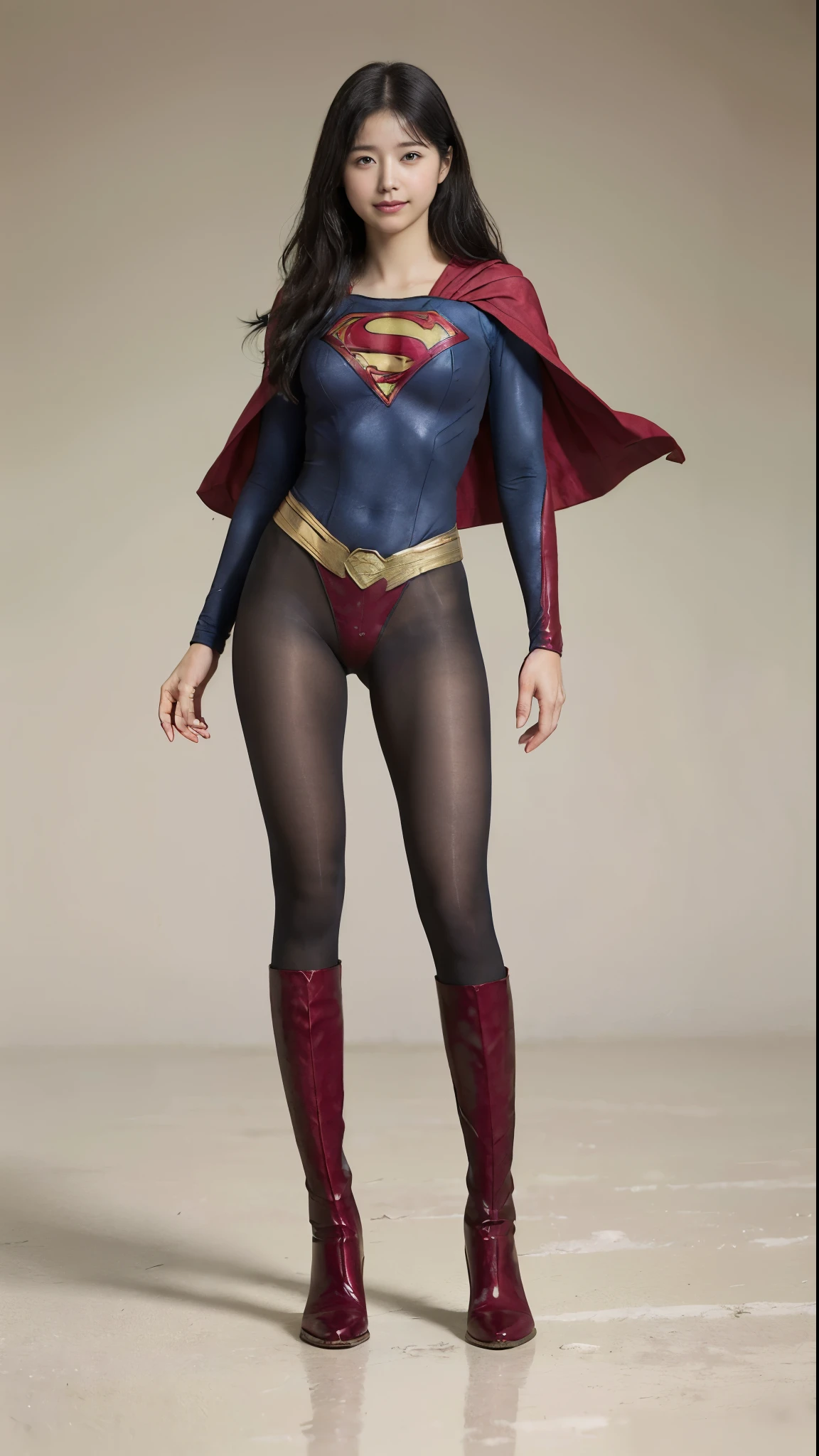 No background、(((Beautiful legs in black tights.)))、(((Legally express the beauty of your smile)))、((((Make the most of your original images)))、(((Supergirl Costume)))、(((Beautiful Hair)))、(((suffering)))、(((Please wear black tights....、Wear red boots)))、((Best image quality、8k))、((Highest quality、8k、masterpiece:1.3))、(((Preserve background )))、Sharp focus:1.2、Beautiful woman with perfect figure:1.4、Slim Abs:1.2、Wet body:1.5、Highly detailed face and skin texture、8k