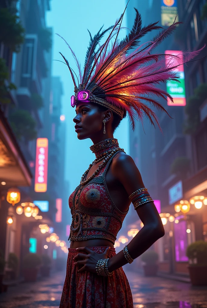 Cyberpunk clothing style with Influence of the indigenous Amazonian style and the Belle Epoque of Belém do Pará