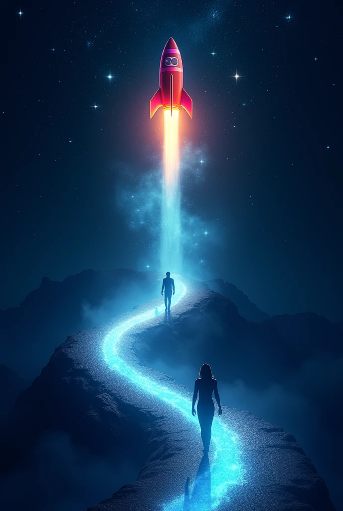 fund: Start with a dark background, like a deep night sky. Add some scattered stars to give a space effect.rocket ship: Draw a rocket in the upper corner of the image. Make it stylized and colorful so it stands out. Add a flame and smoke coming out of the rocket's nozzle to create a dynamic effect.trail: Make a bright, winding trail coming out of the rocket. It can be a line of light or smoke with a color that contrasts with the background, like a light blue or white hue.pathway: Let the trail curve down and form a path that leads to the center of the image or wherever you find most interesting.persona: At the end of the trail, draw a person walking. It can be a silhouette to keep the focus on the trail effect, or you can add details to make it more recognizable.detalhes extras: Add small details, like small stars or planets around, to enrich the background. If you want an extra touch, may include a slight glow around the trail to give a magical effect.
