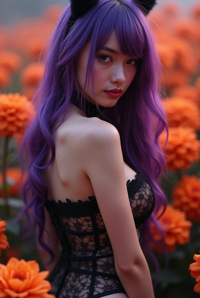 A hauntingly beautiful portrait of a gothic gyaru girl, sporting vibrant orange and pink ombre flowers as the backdrop. Her smiling face glows with an otherworldly allure, framed by luscious purple flowing hair that cascades down her back like a dark waterfall. A garter belt cinches at her waist, accentuating her slender figure, while delicate lace underwear peeks out from beneath, exuding sweet and sexy charm. She poses seductively, as if beckoning the viewer into a realm of Halloween magic.