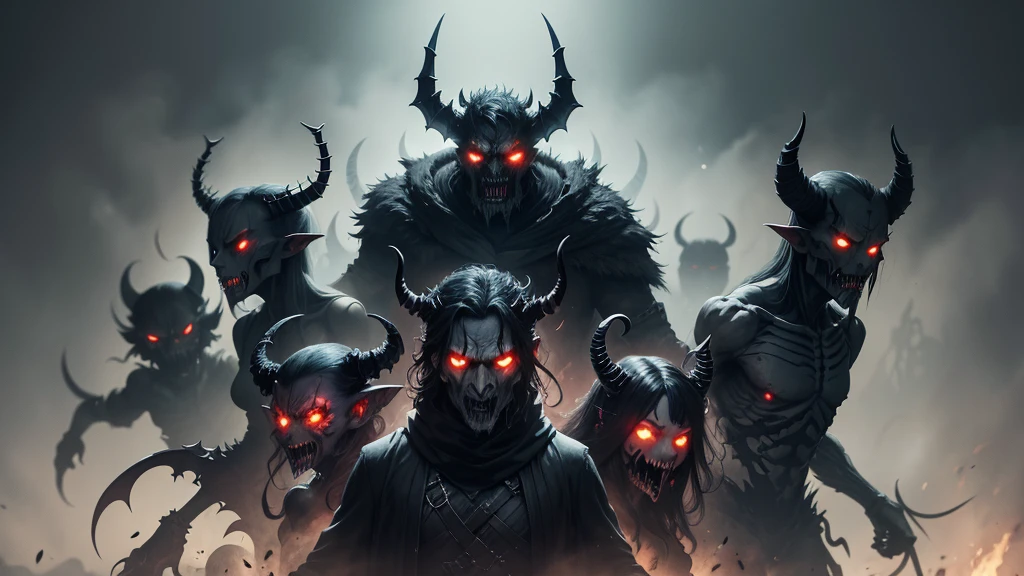 The Shadow Army, a horde of nightmarish creatures, emerges from the darkness. These beings, twisted and grotesque, have bodies shrouded in dark, ethereal mist. Their eyes glow with an eerie, malevolent light, and their limbs are long and sinewy, ending in razor-sharp claws. Some resemble twisted, demonic beasts with jagged horns and skeletal wings, while others are humanoid in form but with faces distorted into horrific visages of torment and rage. The air around them is thick with the stench of decay and the whispers of lost souls."