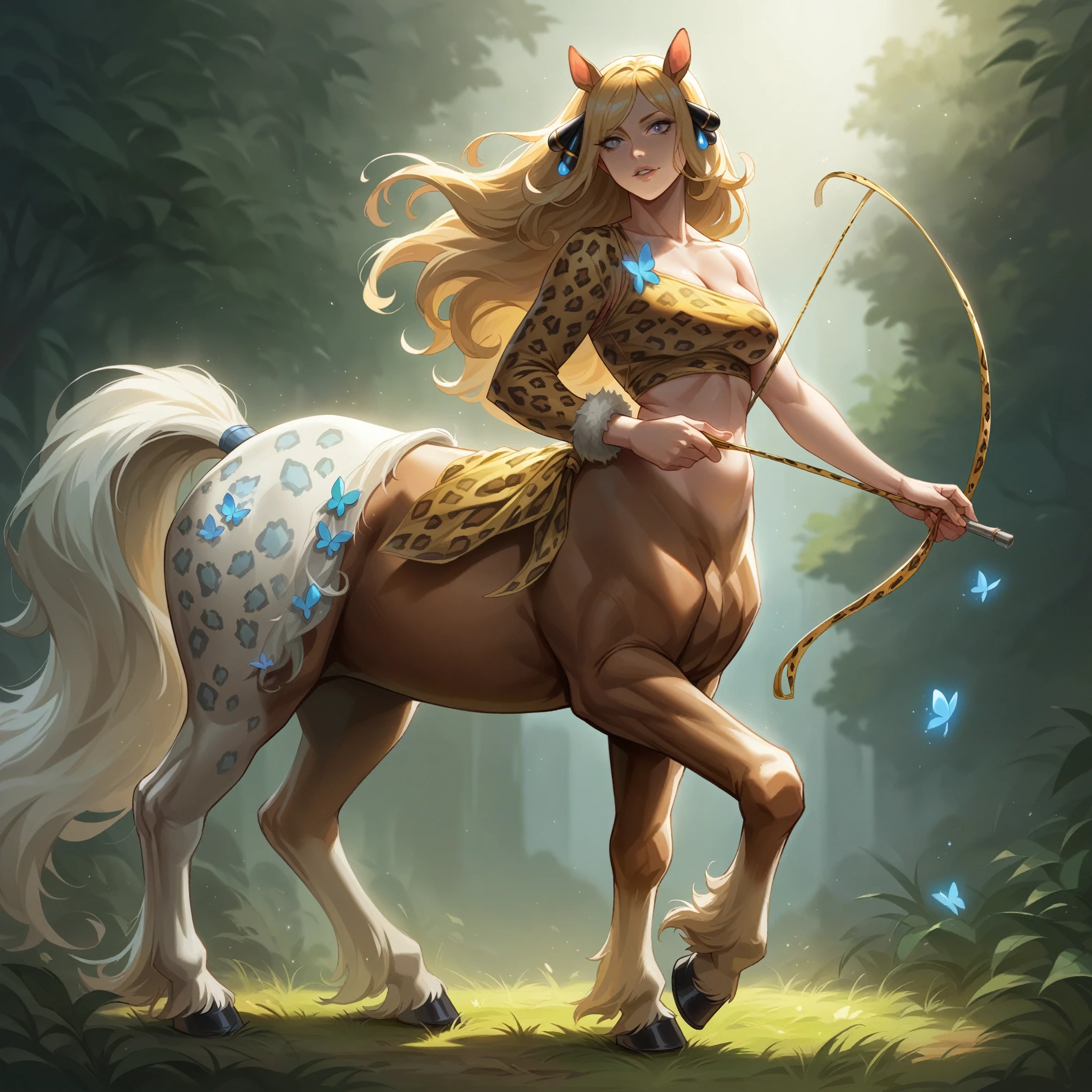 1Centaur Girl，Four legs，Leopard print underwear，Leopard-print clothing，Leopard print，Crystal high heels，The whole body is dazzling and starry，（Horses have human skin.）（Flesh-colored skin (Cynthia Sheppard), Fair and shiny skin, Full body CGsociety, Beautiful full body concept art, horse, smooth Fair and translucent skin, Pretty blue butterfly hair accessories and pale porcelain skin, Gu Weiss, Fair and translucent skin, Pale skin,,Ivory white skin, Light milky white porcelain skin，（Skin tone consistency）