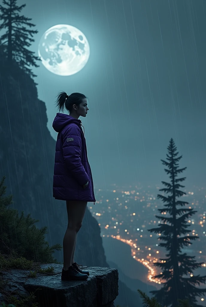 Here’s the revised description in English:

Imagine the scene where this female version of the Joker stands on the edge of a dark, rain-soaked mountain, gazing out over the distant lights of the city below. Above her, a massive full moon shines brightly, casting a silver glow on her face, highlighting the sadness in her eyes. The cold wind rustles through the trees, causing her purple jacket to flutter slightly, revealing glimpses of her toned body, with the barely-there bikini bottom just visible. 

She stands there, still and silent, with her hands empty by her sides. There's no trace of the chaos she usually leaves behind—just a profound sadness, as if she has lost someone she loved deeply. The look in her eyes is no longer one of madness, but of sorrow, a grief that cuts through the storm around her.

Her gaze is fixed ahead, as if posing for a photograph, but with a weight that seems to drag her down. The full moon above mirrors the vast emptiness she feels inside, a love lost that has left her hollow.

No laughter, no violence—just a solitary figure on a mountain, the embodiment of chaos now quieted by heartache, standing beneath the moon that watches over her with a cold, distant light.