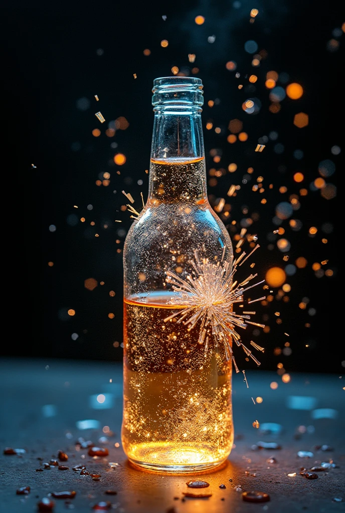 long exposure photo of a {bullet hit a glass bottle} in motion, vertical angle shot, blurred edges, slow shutter speed motion photography, shot on Fuji Film XT4 camera f/2. ISO 200