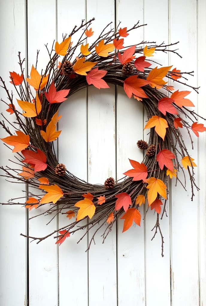 "A beautiful fall-themed wreath made from leaves, twigs, and pinecones, hanging on a wooden door or gate, anime,one line,clean and minimalistic line,line drawing style, pure white background