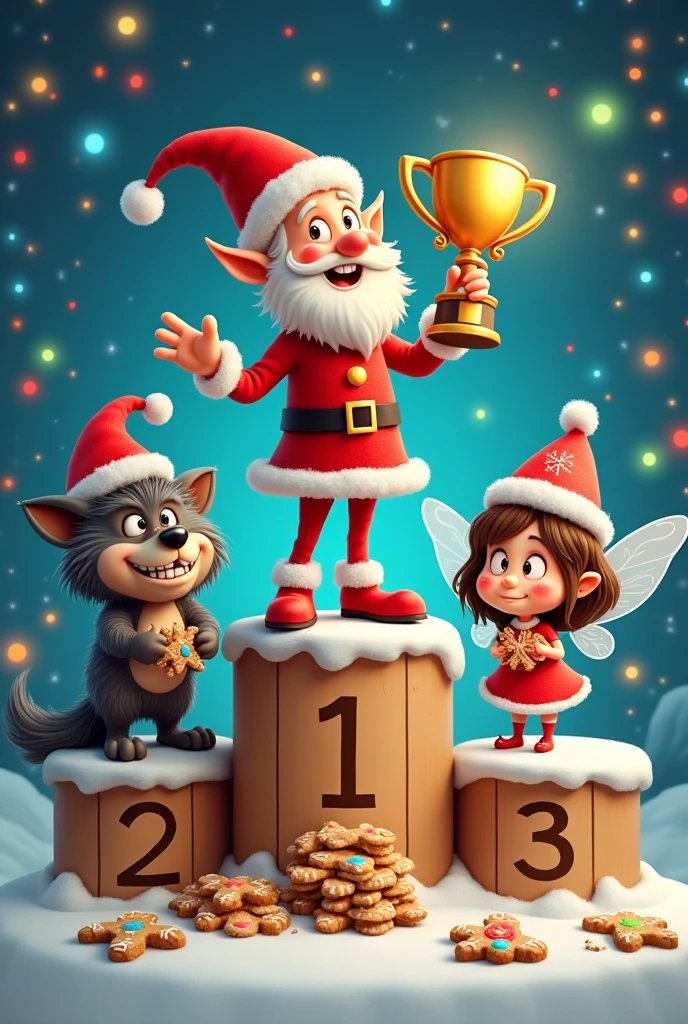 Santa's Elf with gingerbread cookies winner of the first place in the cookie contest, Secondly, the big bad wolf, and third, a sad fairy, with hard cookies and broken teeth, add an Olympic-style podium, with the numbers 1 for the goblin, 2 for the wolf and 3 for the fairy.
