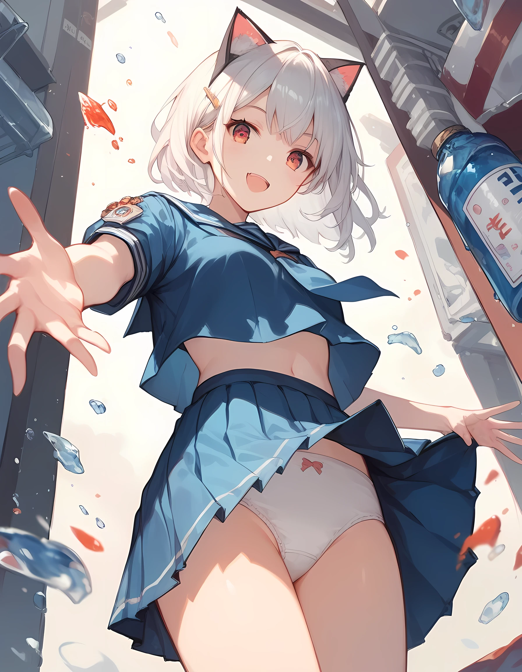score_9, score_8_superior, score_7_superior, score_6_superior, sauce_anime, evaluation_Safety, masterpiece, Highest quality, White haired cat ear girl, Straight, Viewer Perspective, Reaching out, Adorable, Sailor suit, white panties, cowboy shot