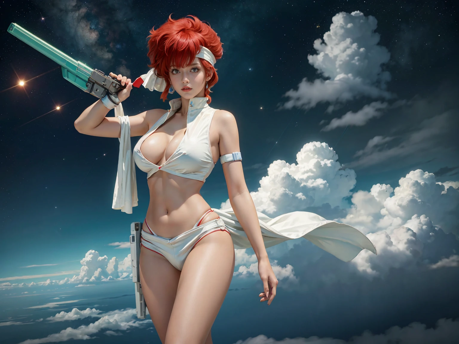 Kei from The Dirty Pair wearing a skimpy white outfit, cleavage, bushy red hair beauty, alien planet, sky, clouds, holding retro space-gun, green headband