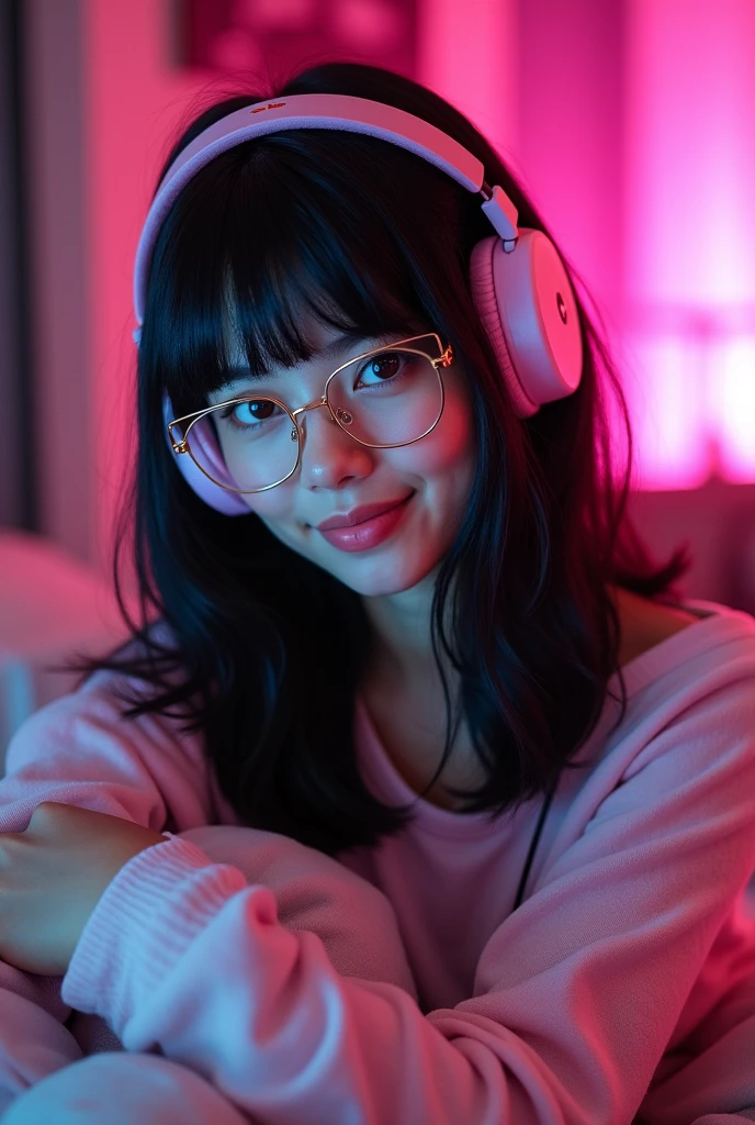 A white girl with shoulder length black hair, She wears square shaped glasses and they are gold in color, has a smile and a sensual look, brown eyes and her hair is loose, headphone cor de rosa, pink lights illuminate it and in the background is a female gamer room. She is a little chubby and has big breasts.