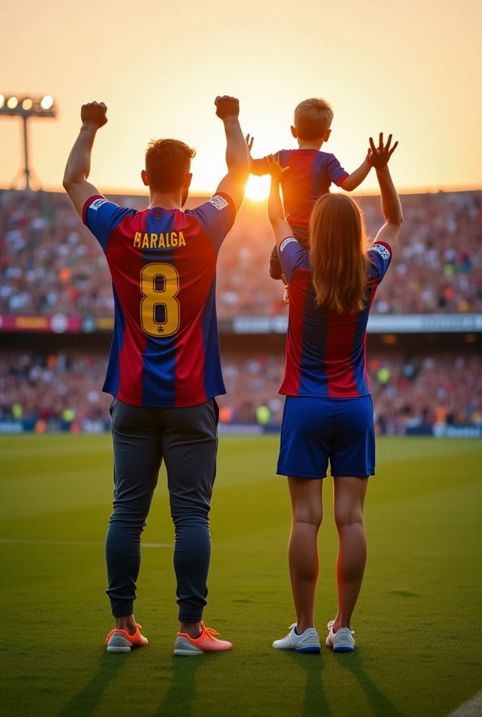 Couple in a football field holding each a hand of their child celebrating victory.
Man in pants, Shirts of all in the blaugrana colors number 8 and without a name.
VIEW ONLY FROM THE BACK