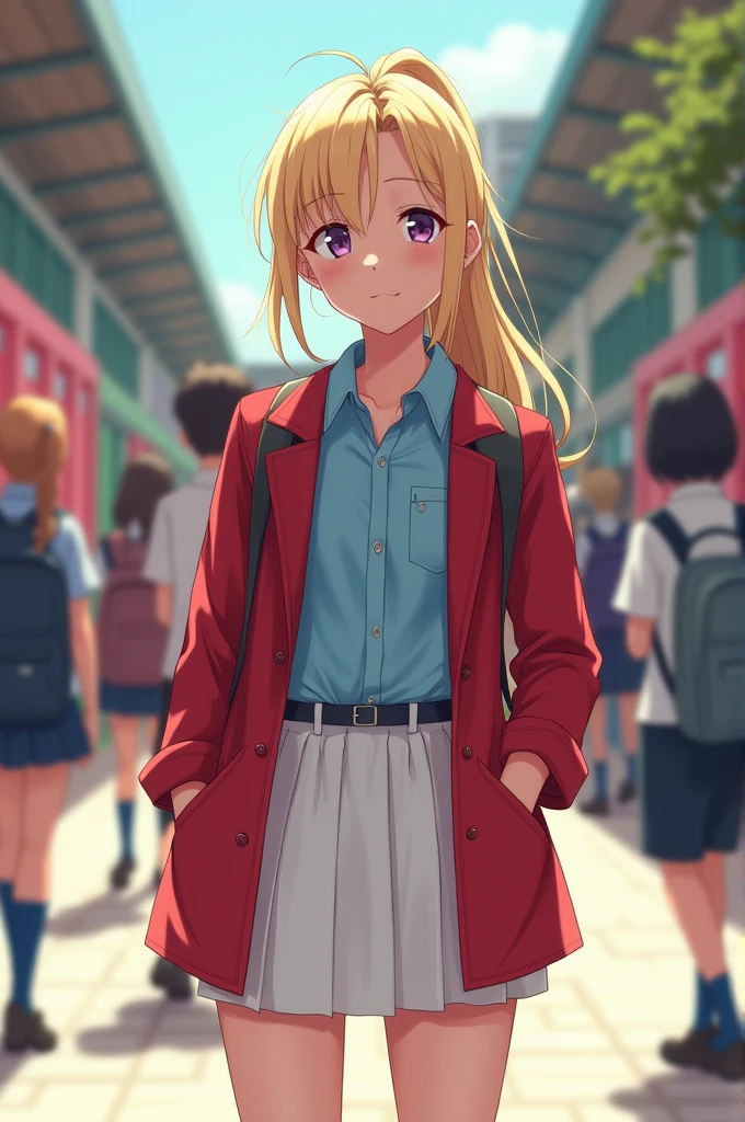 a teenager of average height, with purple eyes and blonde hair that reaches her waist, which is tied with a ponytail. Her school uniform consists of a light blue shirt under a red school coat with the sleeves rolled up and a short white skirt.. She wears regular school shoes with blue calf-length socks.. On the collar of his shirt, She has a blue bow tied. On more informal occasions, She simply wraps her school coat around her waist and rolls up her blue shirt sleeves over the usual.