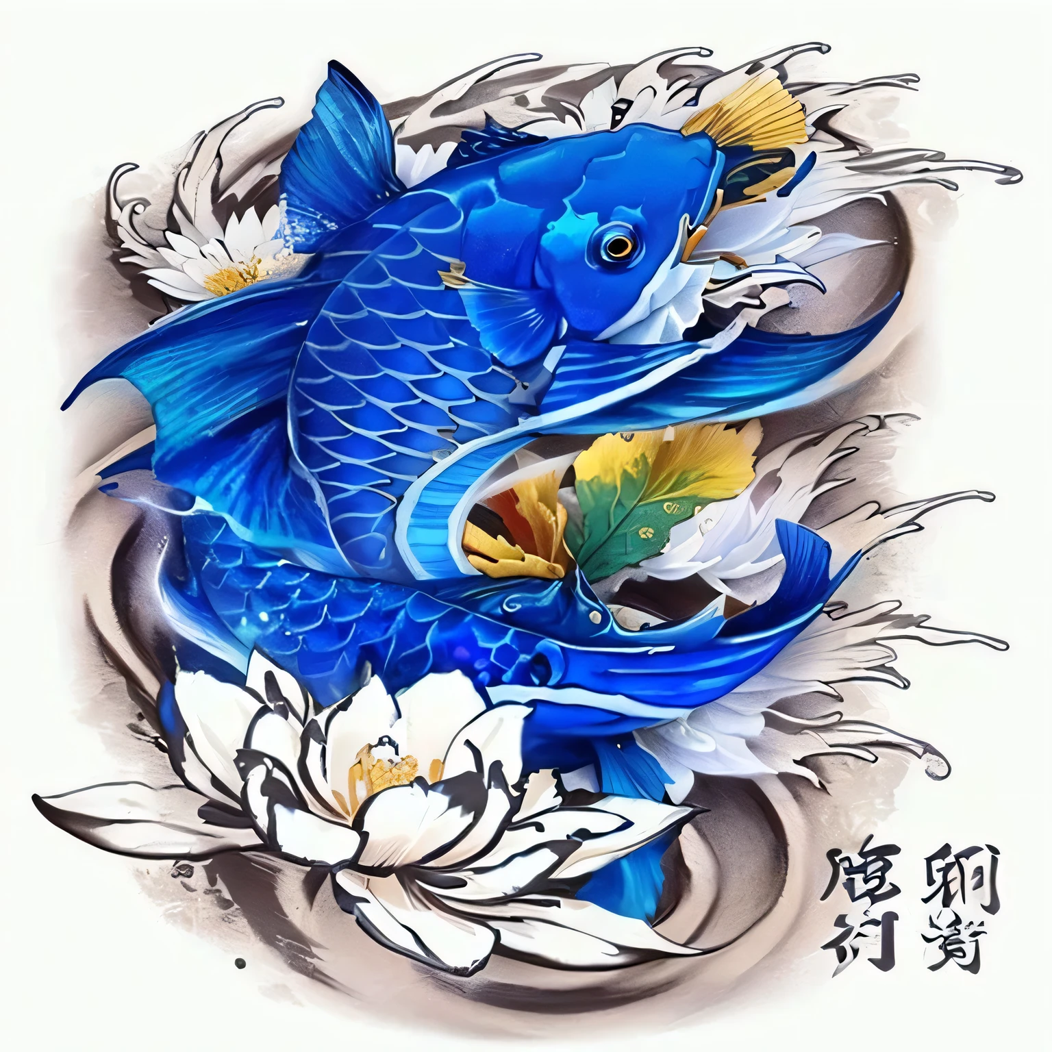 a blue fish with a gold coin in its mouth and a flower, koi fish, oriental tattoos, diego koi, ( ( ( koi colors ) ) ), tattoo design, by Wen Boren, koi colors, water element, 3 d design for tattoo, ✏️🎨, floating koi fish, blue and red tattoo, full color drawing, koi, by Ni Zan