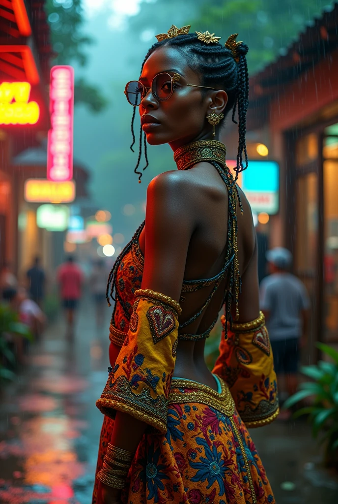 Cyberpunk clothing style with Influence of the indigenous Amazonian style and the Belle Epoque clothes of Belém do Pará 