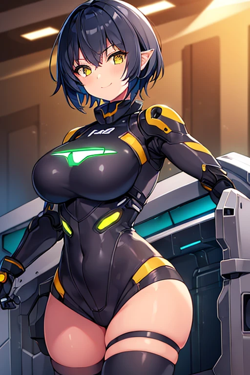 1girl, robot, robot girl, tan skin, tan body, tan, very short hair, black hair, yellow eyes, large breasts, thick thighs, pixie cut, bodysuit, black bodysuit, black clothes, tech, futuristic, machinery, science-fiction, smile, happy