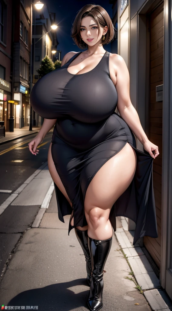 (brown hair、Short hair)、There are many mature women.、full body shot샷,they are very tall, strong, plump and sexy figure,Ultra-realistic 8K, Perfect,very tall,(red lip,heavy makeup)、oversized thick breasts 、long waist,Exaggerated Huge And Thick Fat Ass,Very long, big, thick legs,Overly exaggerated, thick leg muscles,cropped shoulder、earring、walking down the street at midnight、Nikon Z 85mm, ((best quality)) ,((masterpiece)), intricate details,very delicate and beautiful, ((sleeveless sexy mini dress)):1.0、( high heel stretch boots):1.4、full body shot:1.0,sexy smile
