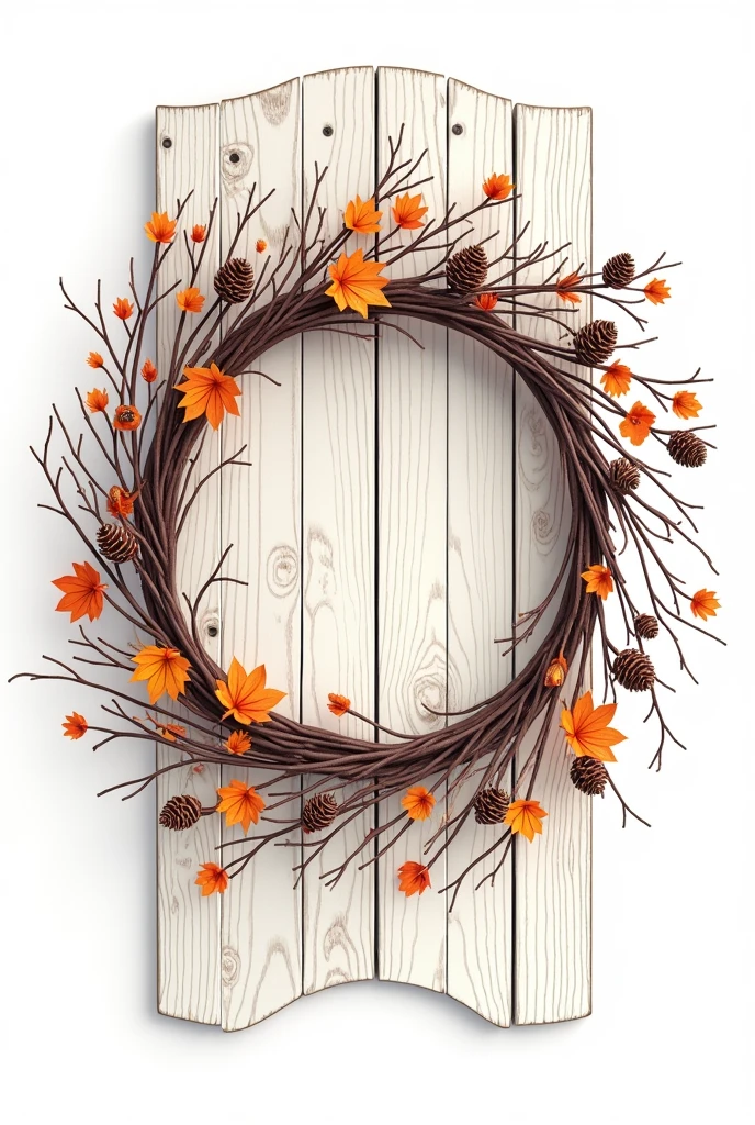 "A beautiful fall-themed wreath made from leaves, twigs, and pinecones, hanging on a wooden door or gate, anime,one line,clean and minimalistic line,line drawing style, pure white background. Remove the colors