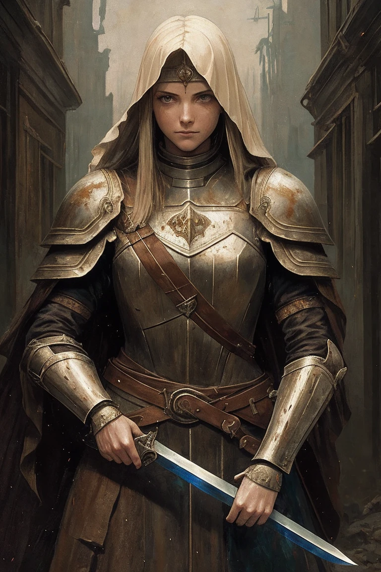 A painting of a young woman, mended armor, rags poking through gaps of the armor, no helmet, curly ratty hair, stern eyes, scarred weathered face, boney cheeks, emotionless smile, pale, covered in old blood and puss, fraying bandages holding together armor, in a destroyed village, holding a chipped and stained claymore(sword), very dark at night, no reflections, low visibility, renaissance style painting, crude art, starless night, at nighttime, no light, painterly aesthetic, standing off to the side, paint smudges