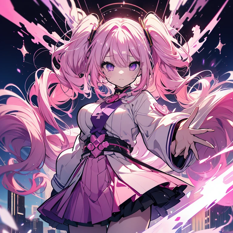 1 person、Mature、Ample breasts、Long Hair、Pink Hair、Curly Hair、Filled with a sense of purpose、Magical girl、Lead-colored sky、Battle Scenes、fly in the sky、Ascend to the heavens、Miniskirt、Twin tails、Purple Eyes、Devastated city、demise、despair、High resolution、Highest quality