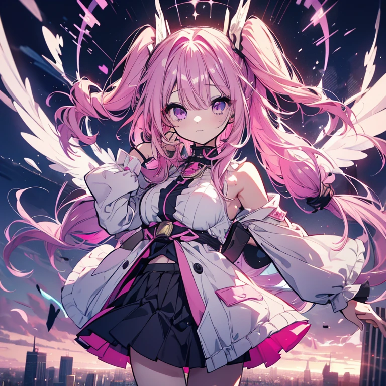 1 person、Mature、Ample breasts、Long Hair、Pink Hair、Curly Hair、Filled with a sense of purpose、Magical girl、Lead-colored sky、Battle Scenes、fly in the sky、Ascend to the heavens、Miniskirt、Twin tails、Purple Eyes、Devastated city、demise、despair、High resolution、Highest quality