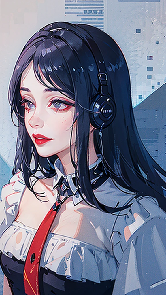 There is a woman with headphones and red lips, thick lips, (((((((dull))))))), blue lips, very very low quality image, with very thin lips, Clear, high-quality lips, by Telemaco Signorini, por Reyna Rochín, thick red lips, profile picture, small lips pointed nose, Profile picture, eyes and lips