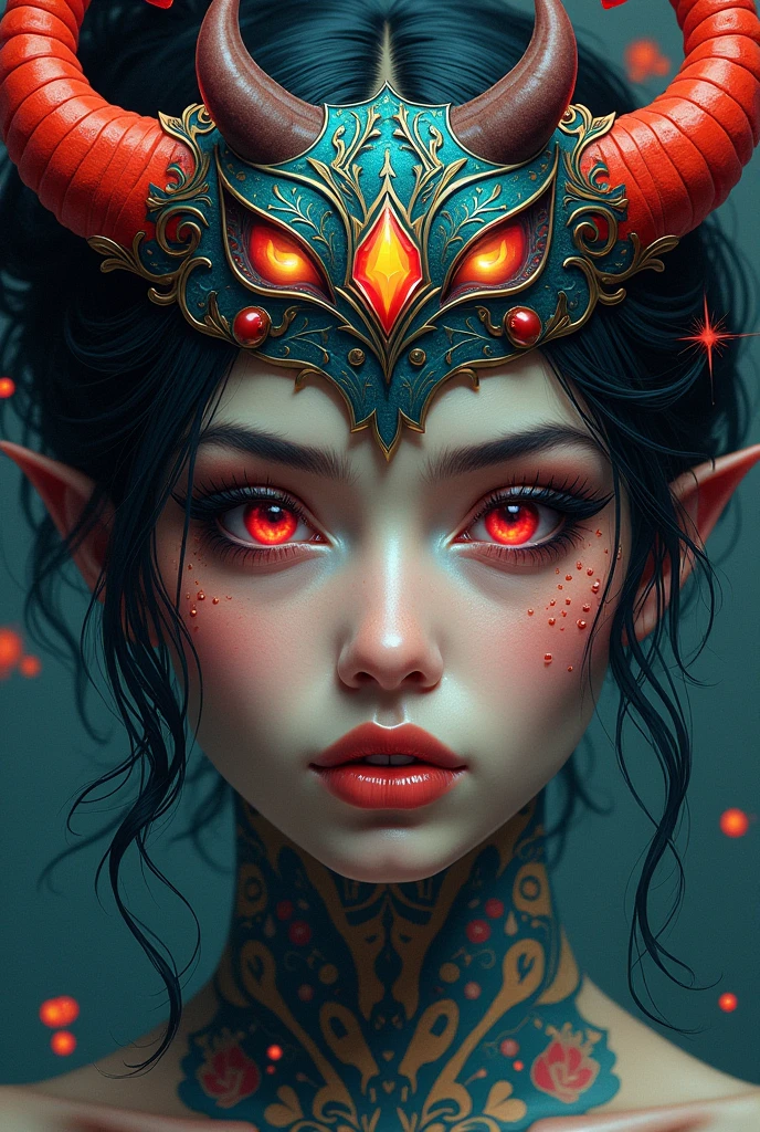 A closeup of a woman with a mask on her head, half human demon portrait, portrait of Demon girl, Demon girl, Stunning works of art, colorful illustration for tattoo, a beautiful art illustration, artistic illustration, symetry!! Portrait of Akuma, style by hydro74, Official illustration, by justin gerard, detailed face with mask, artgerm and james jean