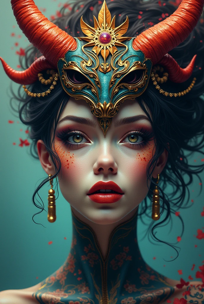 A closeup of a woman with a mask on her head, half human demon portrait, portrait of Demon girl, Demon girl, Stunning works of art, colorful illustration for tattoo, a beautiful art illustration, artistic illustration, symetry!! Portrait of Akuma, style by hydro74, Official illustration, by justin gerard, detailed face with mask, artgerm and james jean