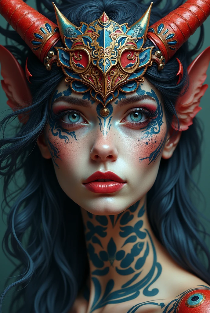 A closeup of a woman with a mask on her head, half human demon portrait, portrait of Demon girl, Demon girl, Stunning works of art, colorful illustration for tattoo, a beautiful art illustration, artistic illustration, symetry!! Portrait of Akuma, style by hydro74, Official illustration, by justin gerard, detailed face with mask, artgerm and james jean