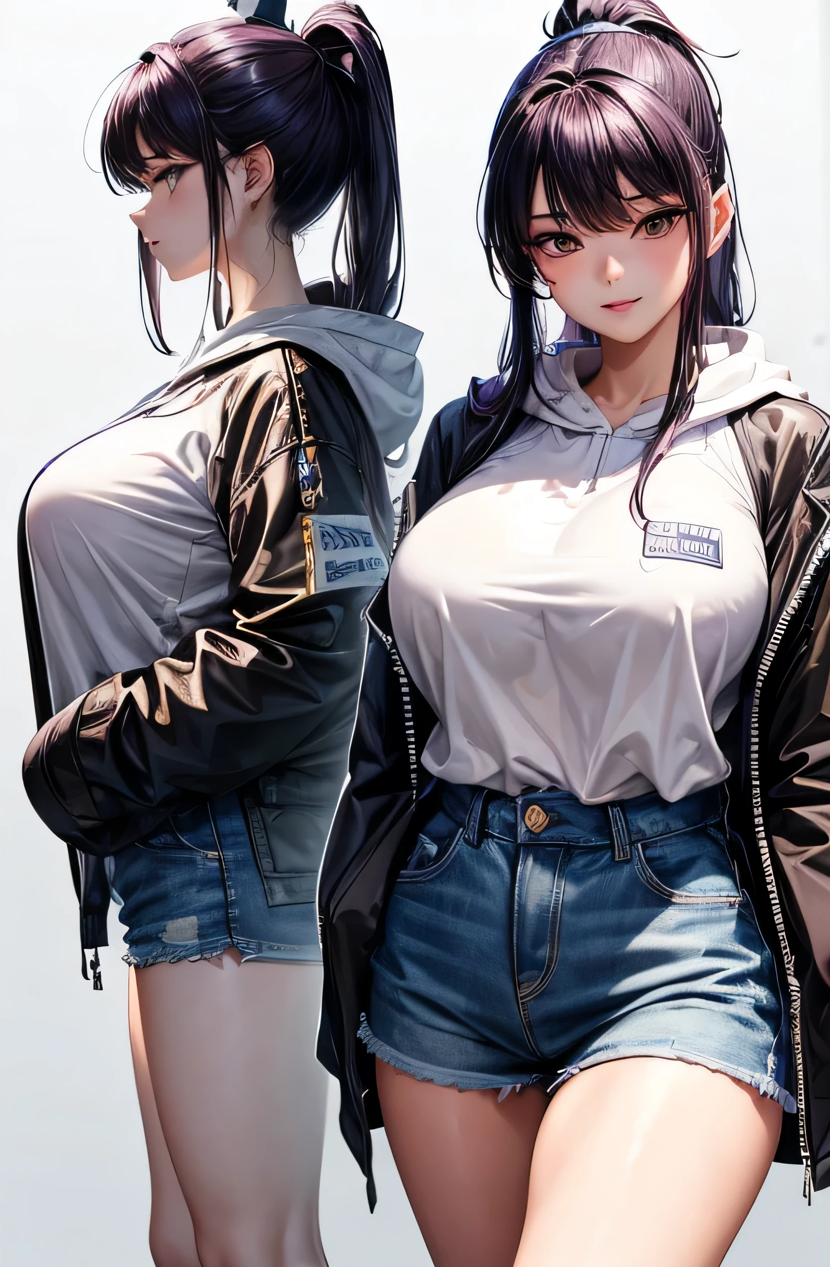 ((best quality)), ((masterpiece)), (detailed), perfect face,(18 years old),(beautiful girl), (Komi Shouko), ponytail,(Dark Purple hair), cute smile (looking at vivers) on a streat road,( full body view),(detailed lips), perfect head ,(detailed face), wers a white hoodi black Stiles short pant that reaches nee, heads in hoodi pocket,(huge breasts),(perfect girl), Korean girl