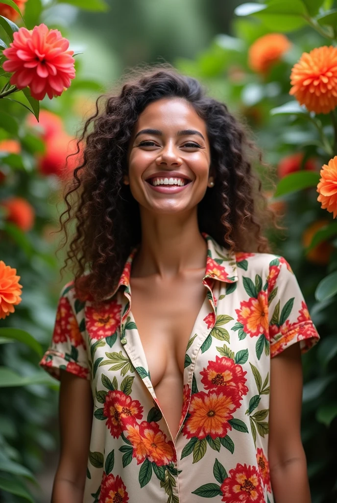 A Brazilian woman in a lush tropical garden, wearing an open shirt with a floral print, with a close-up capturing the harmonious beauty between her breasts and the natural flowers, showing off your natural charm and outgoing personality.