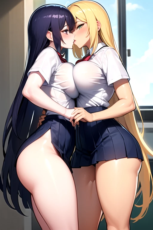 Lesbian (very long loose yellow hair)(big breasts, big thighs)(with school uniform clothes it is very tight) that he is kissing at school with his girlfriend,(big breasts, big thighs)lesbian love