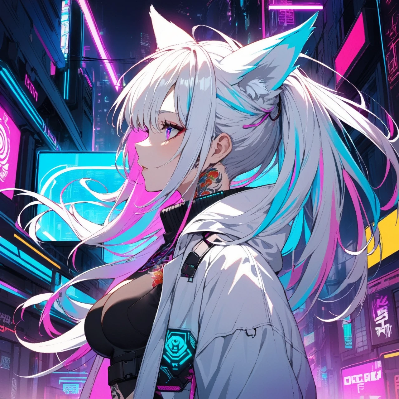 1woman, long white hair with pink and cyan tips,Muticolored hair, fox ears, purple eyes, wearing a white coat, leggings, wearing black undershirt, tattoos on arms,  colorful koi tattoos, showing body, medium-big breasts, cyberpunk, profile picture perspective, neon, loose hair