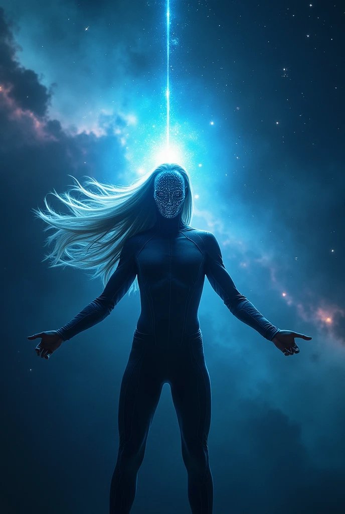 Long haired man wandering in space, near a blue star, with a mask pointing towards emptiness.