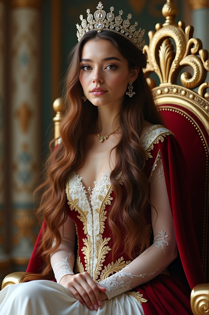 A beautiful princess with long chestnut colored hair and dark brown eyes, wearing a maroon and white gown with gold linings together with her crown made with diamonds, sitting on her throne inside the white kingdom.