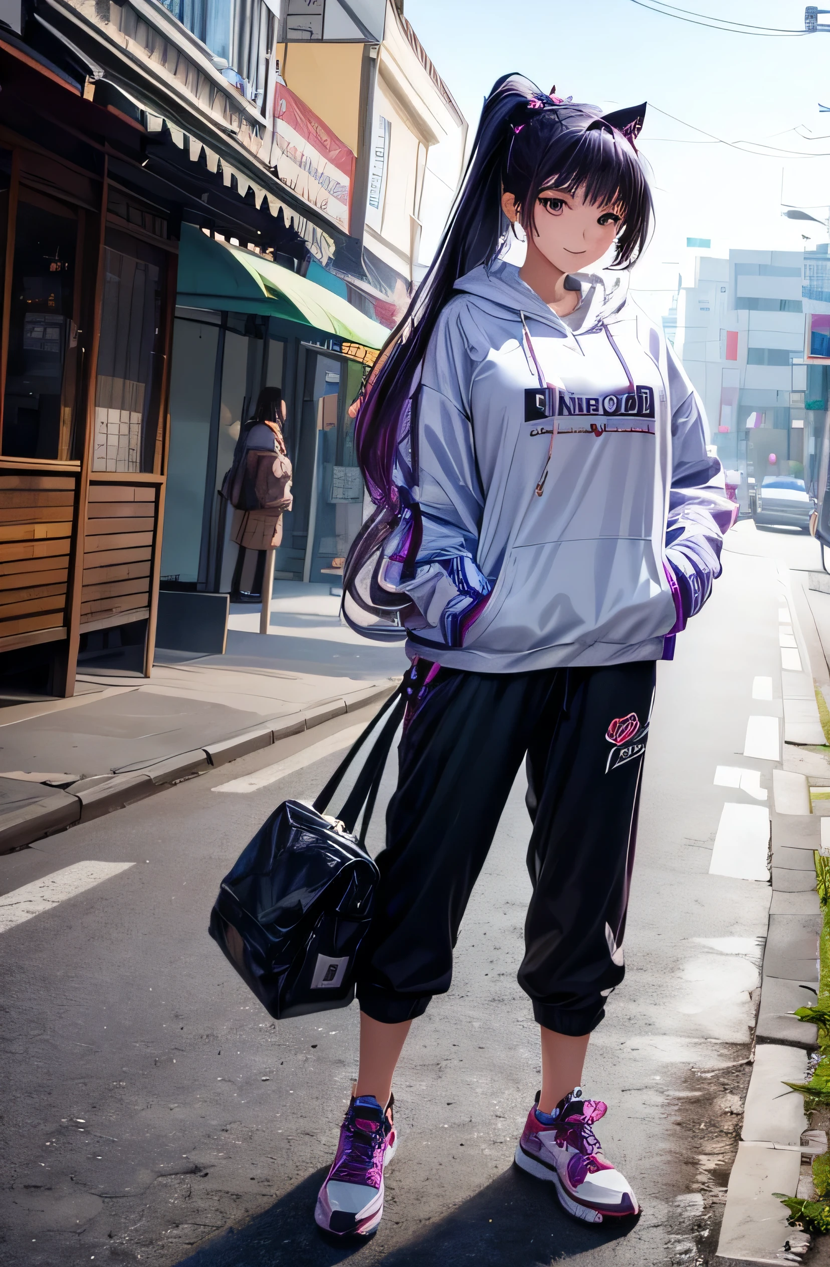 ((best quality)), ((masterpiece)), (detailed), perfect face,(18 years old),(beautiful girl), (Komi Shouko), ponytail,(Dark Purple hair), cute smile (looking at vivers) on a streat road,( full body view),(detailed lips), perfect head ,(detailed face), wers a white hoodi black Stiles short pant that reaches nee, heads in hoodi pocket,(huge breasts),(perfect girl), Korean girl