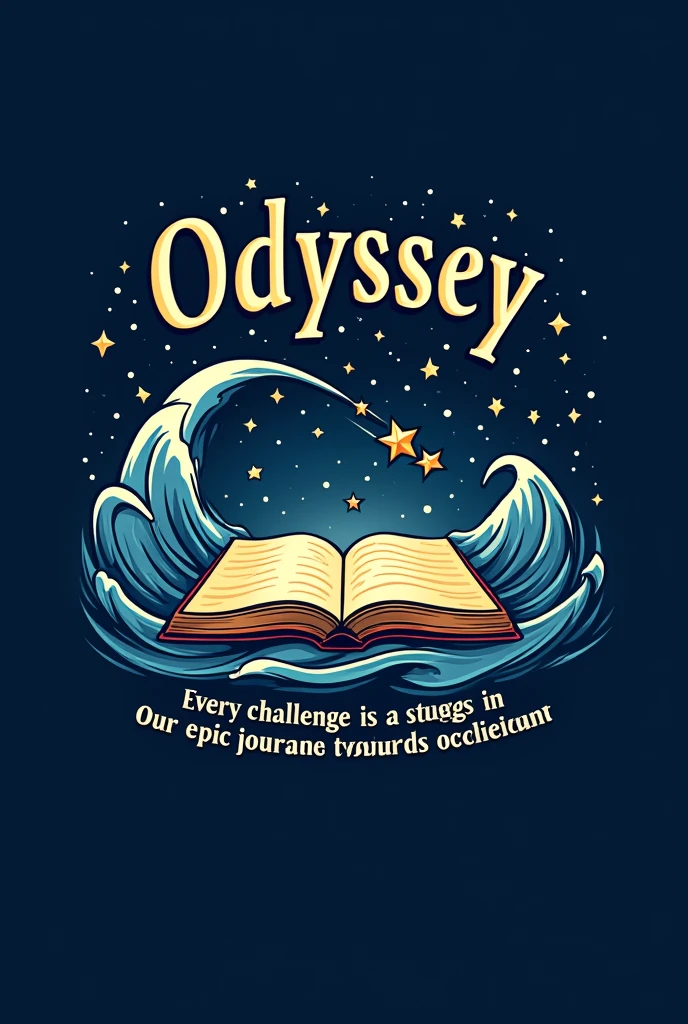 Create a simple school logo that represents the following text: Create an image that portrays the following text: Odyssey: "Every challenge is a stage in our epic journey towards achievement."

The logo should be for a school promotion and to appear on sweaters

