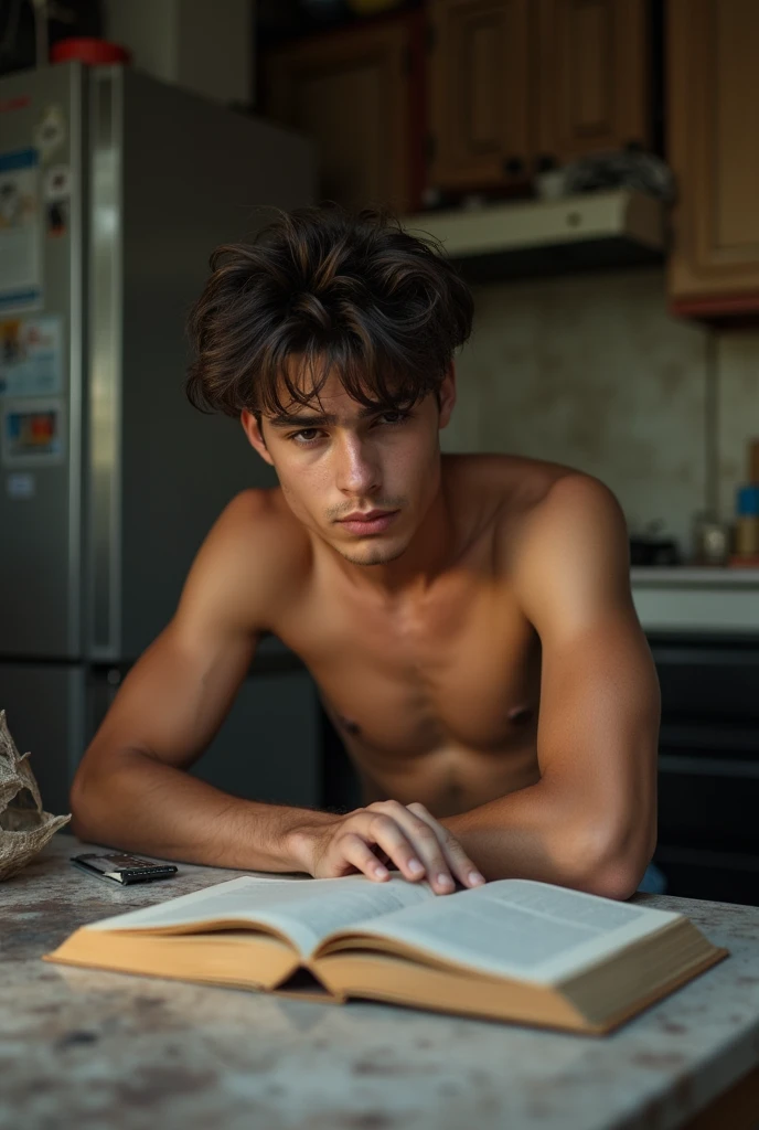 Young man , face perfect, honey eyes , skinny sexy , wearing no shirt, muscular straight rebellious hair, is sitting at the table, reading a book, in my kitchen in the favela , dirty poor kitchen, falling apart, young man studying with his school friend, another young man