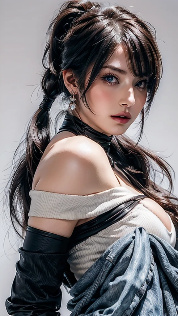 ((Beautiful Face:1.4)), (Purelos Face_v1: 1.0), Half Body,((White simple background)),one person, return,((Natural Big Breasts:1.0)), (Beautiful Japanese Women),bangs, Exposing shoulders, black gloves, Blue eyes, Braiding, choker, Earrings, fingerless gloves, From behind, gloves, Grey Hair, Holding, Jacket, jewelry, Long Hair, View your viewers, looking return, Manicure, Off the shoulder, Lips parted, Earrings, ponytail, red Jacket, alone, Upper Body,[[Realistic]],(Glowing Skin),(masterpiece:1.4),(Highest quality:1.4)