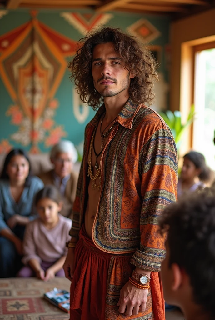 30-year-old guy with brown curls down to his neck, hippie style, He is watched by his entire family, He wears extravagant clothing and is very sexy 