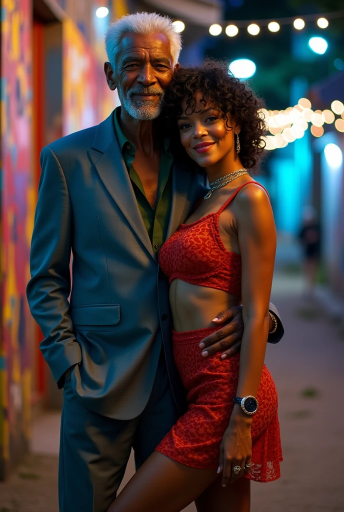 Old man standing behind Rihanna dressed in miniskirt and high heel sandals, with her arms around her waist, standing tall and full length
