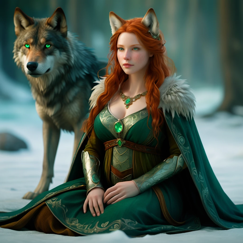 photorrealistic, whole body, a woman-like figure (pregnant woman) with fantastic features. She has emerald green eyes, with long, straight red hair. On his head he has a big, ornament in the shape of animal ears ( wolf's ears, with red hair), Dressed in a cape, On the back of the head, lavishly decorated. Your eyes are attractive, large and appears to have a bright emerald iris. Her face has refined features and her lips are slightly pursed.. She sits on a stone with her knee bent to the sides in an elegant, fluid poses, with her hands resting gently on her protruding belly. Her clothing is detailed and ornate.(medieval style), resembling a light fur coat or a winter dress, with elements resembling feathers decorating the collar and sides. The background is hazy, with an implied landscape of water or ice, giving the whole image an ethereal and mysterious feel. The character can be interpreted as a warrior from another world or dimension..