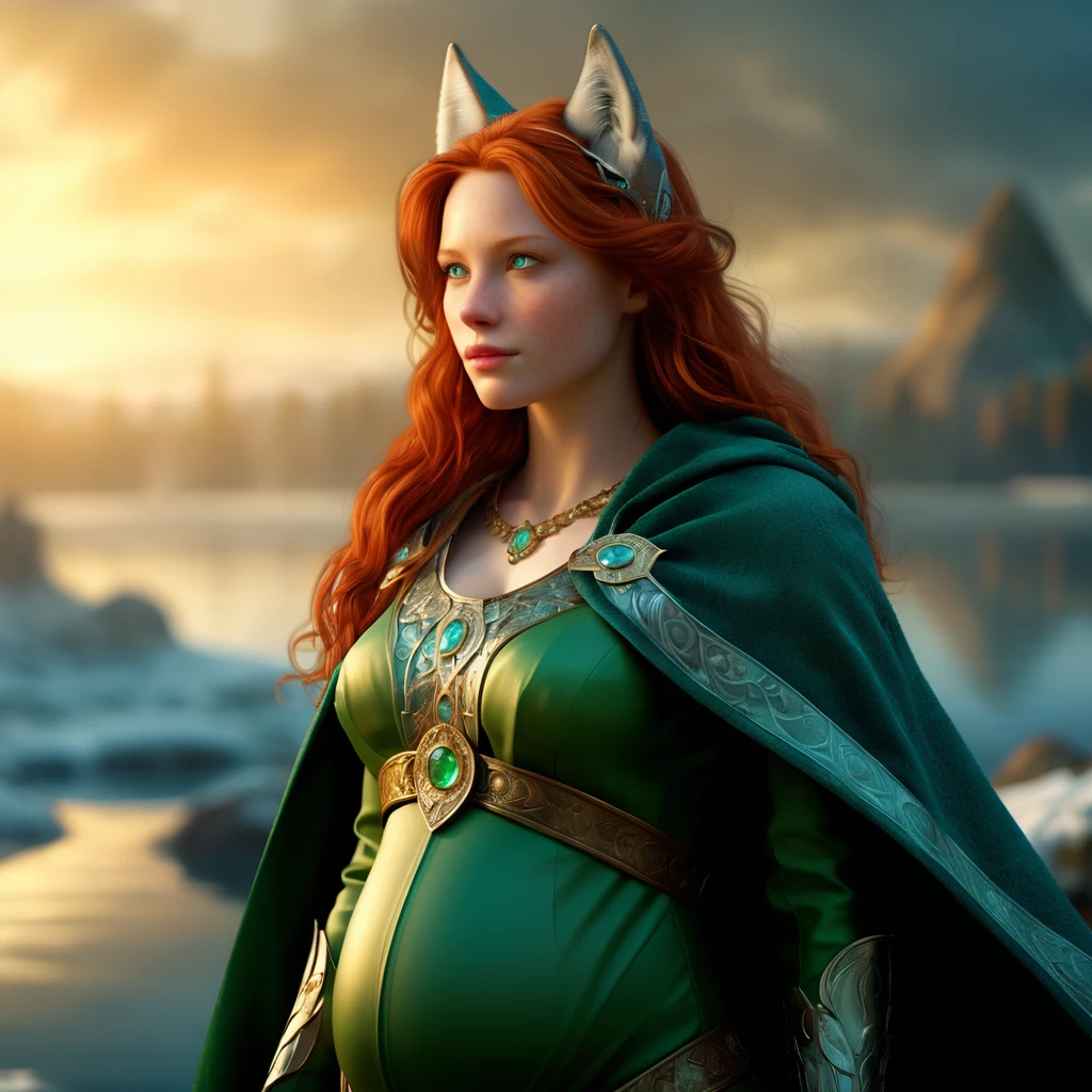 photorrealistic, whole body, a woman-like figure (pregnant woman) with fantastic features. She has emerald green eyes, with long, straight red hair. On his head he has a big, ornament in the shape of animal ears ( wolf's ears, with red hair), Dressed in a cape, On the back of the head, lavishly decorated. Your eyes are attractive, large and appears to have a bright emerald iris. Her face has refined features and her lips are slightly pursed.. She sits on a stone with her knee bent to the sides in an elegant, fluid poses, with her hands resting gently on her protruding belly. Her clothing is detailed and ornate.(medieval style), resembling a light fur coat or a winter dress, with elements resembling feathers decorating the collar and sides. The background is hazy, with an implied landscape of water or ice, giving the whole image an ethereal and mysterious feel. The character can be interpreted as a warrior from another world or dimension.. 