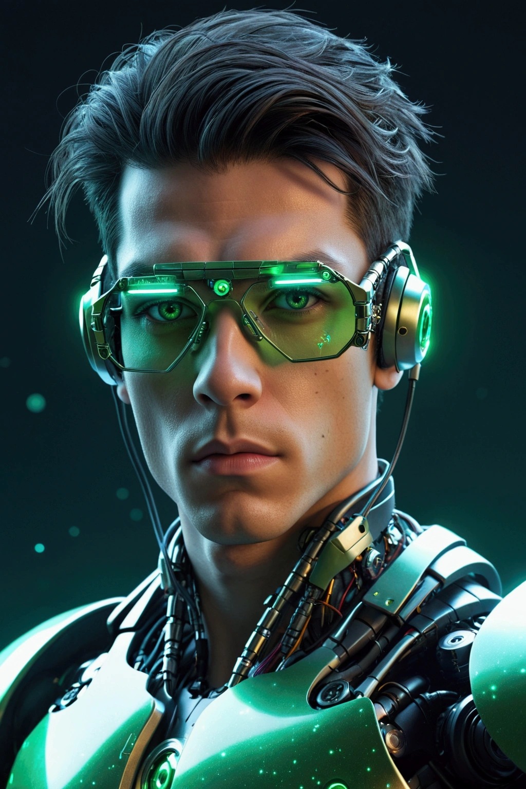 A highly detailed 20-year-old male cyborg, with a focus from the shoulders up, looking slightly towards the camera. The cyborg should have a futuristic and sleek appearance, featuring polished green metal, intricate mechanical details, and neon glowing cybernetic implants. Include cyberpunk technology elements, such as futuristic, crystal-clear sunglasses and cyberpunk headphones. His eyes should be glowing and enigmatic, with an expression suggesting contemplation or curiosity. The background should be a dark cosmic setting with a cinematic and professional style, incorporating deep space elements like stars and nebulae. The transition between the cyborg's technology and the cosmic background should be smooth and harmonious, creating a striking and immersive visual contrast