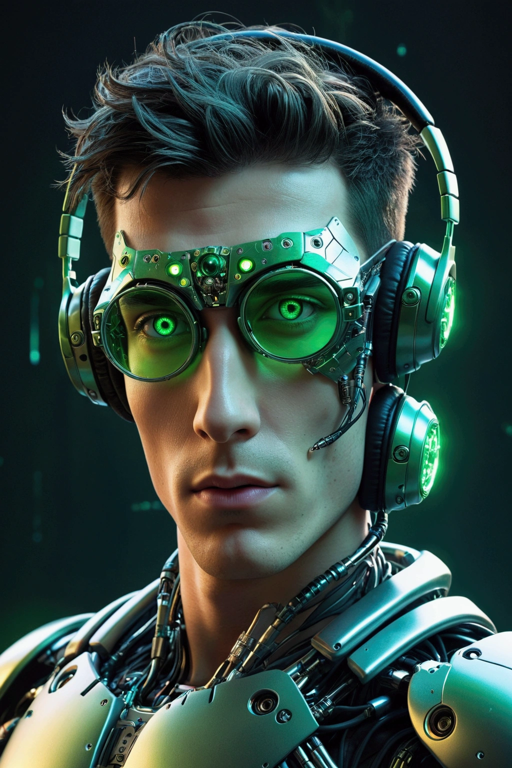 A highly detailed 20-year-old male cyborg, with a focus from the shoulders up, looking slightly towards the camera. The cyborg should have a futuristic and sleek appearance, featuring polished green metal, intricate mechanical details, and neon glowing cybernetic implants. Include cyberpunk technology elements, such as futuristic, crystal-clear sunglasses and cyberpunk headphones. His eyes should be glowing and enigmatic, with an expression suggesting contemplation or curiosity. The background should be a dark cosmic setting with a cinematic and professional style, incorporating deep space elements like stars and nebulae. The transition between the cyborg's technology and the cosmic background should be smooth and harmonious, creating a striking and immersive visual contrast